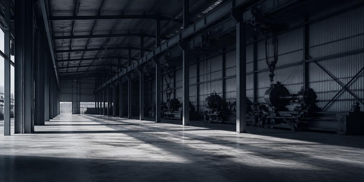 Interior de uma planta industrial: colunas estruturais, piso de concreto e maquinário ao fundo.